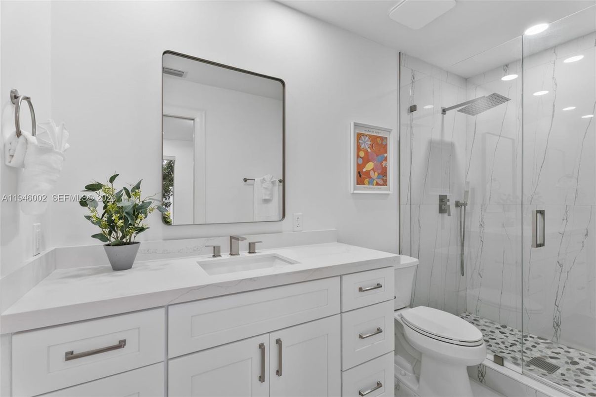 Bathroom, Glass Shower, Interior, Marble Walls, Recessed Lighting