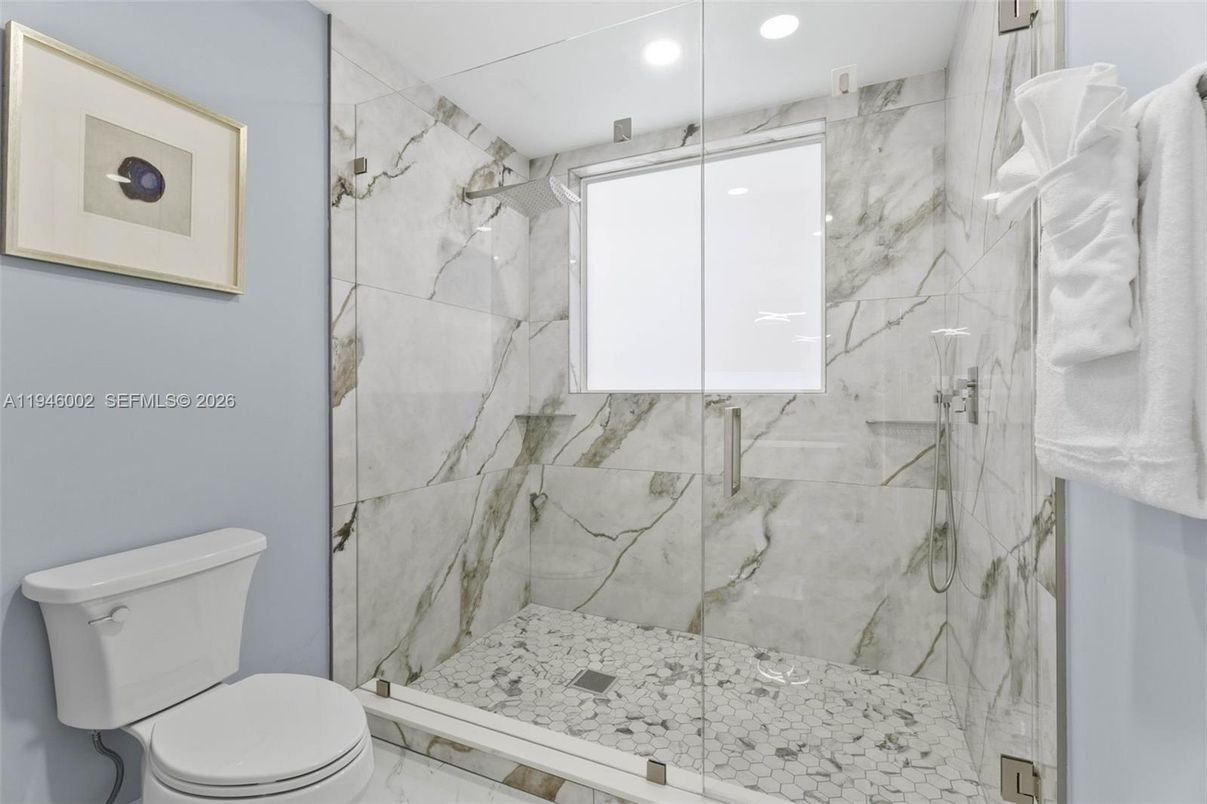 Bathroom, Glass Shower, Interior, Marble, Marble Walls, Recessed Lighting