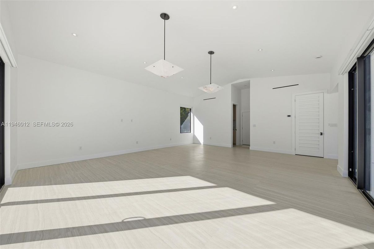 Empty room, Interior, Pendant Lights, Recessed Lighting, Wood Texture Flooring