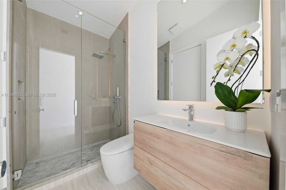 Bathroom, Glass Shower, Interior, Wood Texture Flooring