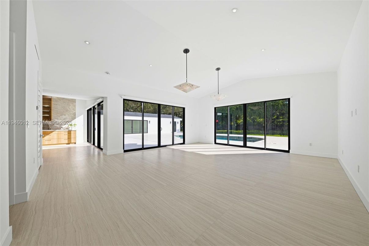 Empty room, Interior, Pendant Lights, Recessed Lighting, Wood Texture Flooring