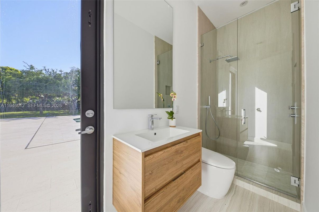 Bathroom, Glass Shower, Interior, Wood Texture Flooring