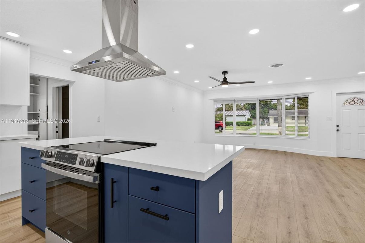 Interior, Kitchen, Recessed Lighting, Stainless Steel Appliances, Wood Texture Flooring