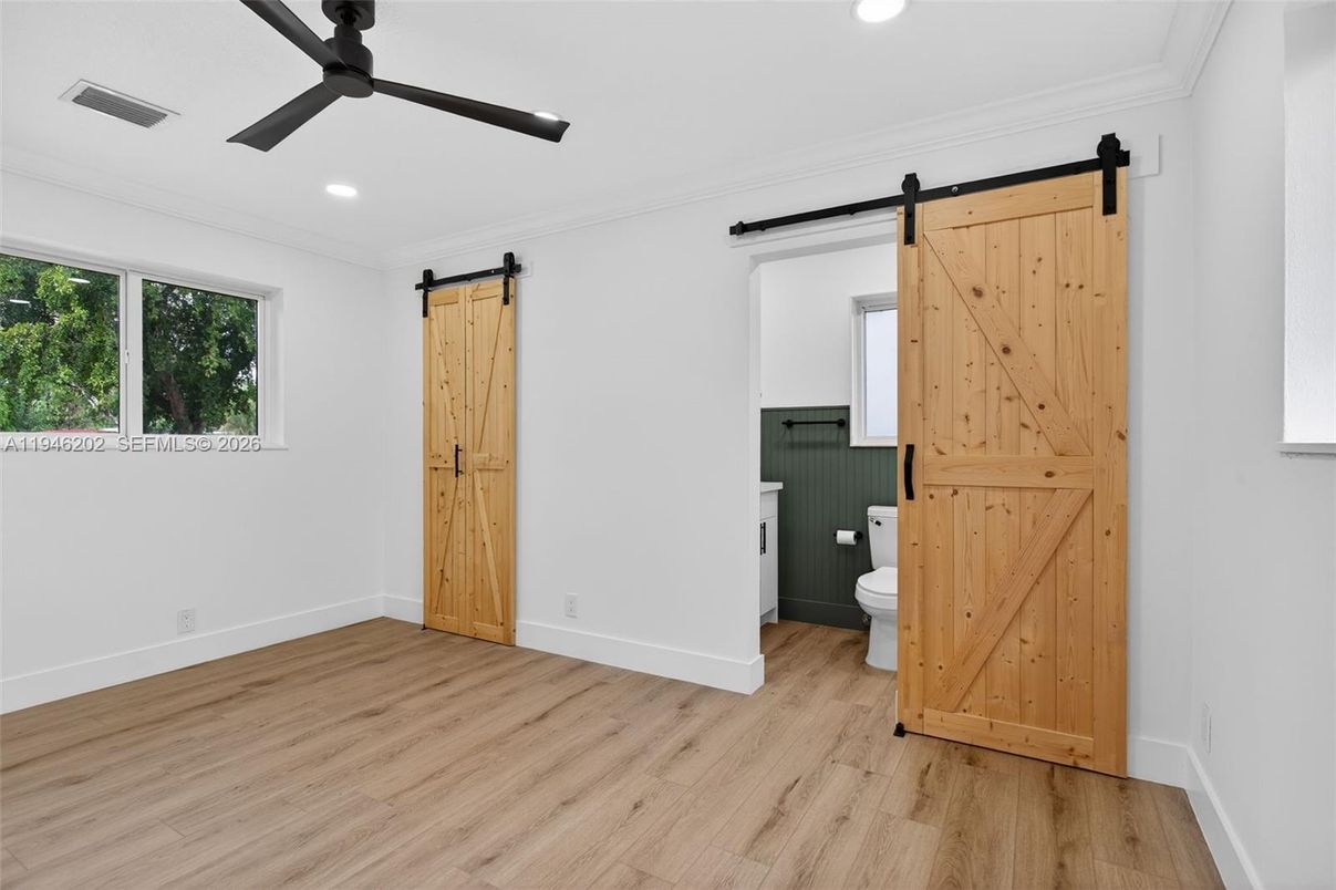 Bathroom, Empty room, Interior, Recessed Lighting, Wood Texture Flooring
