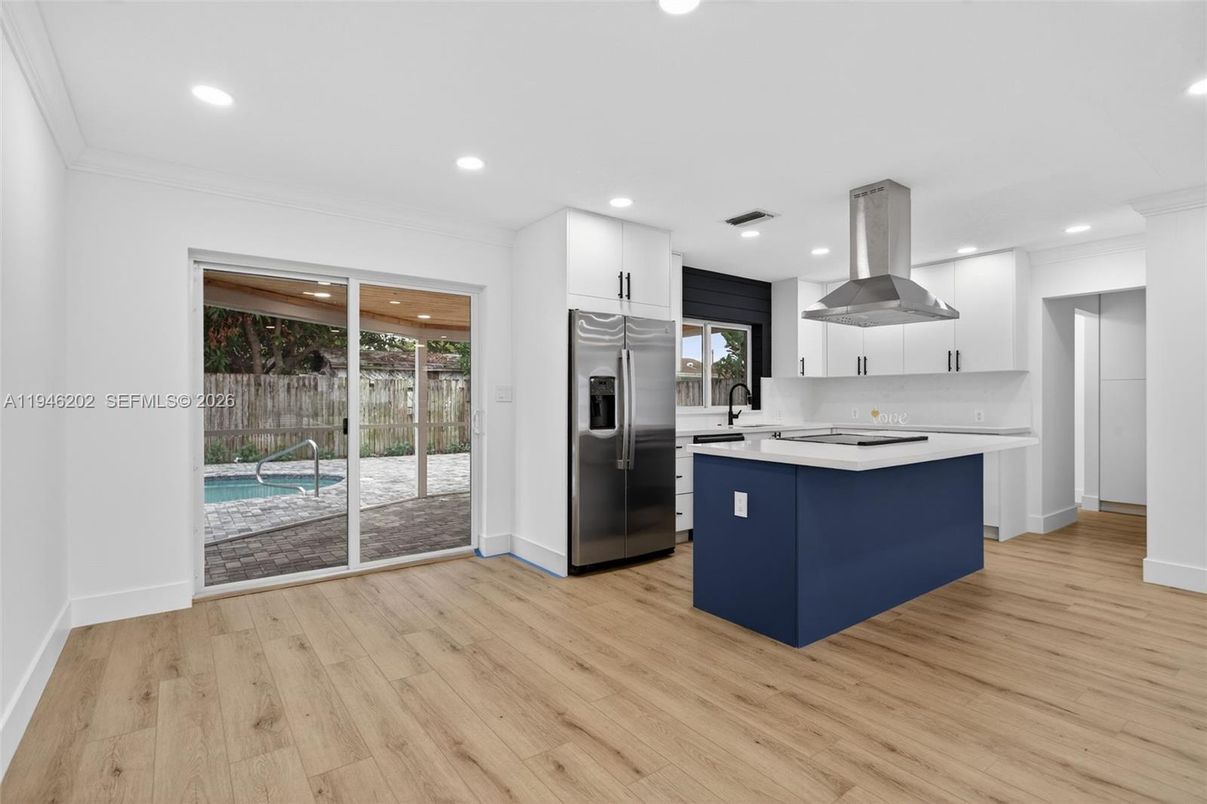 Interior, Kitchen, Recessed Lighting, Stainless Steel Appliances, Wood Texture Flooring