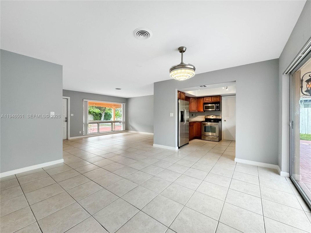 Chandelier, Empty room, Interior, Kitchen, Stainless Steel Appliances