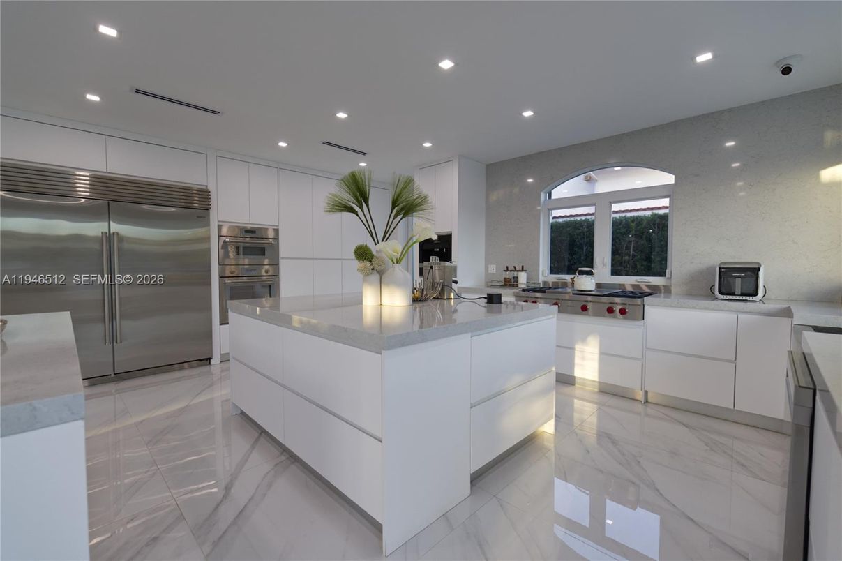 Interior, Kitchen, Marble, Recessed Lighting, Stainless Steel Appliances
