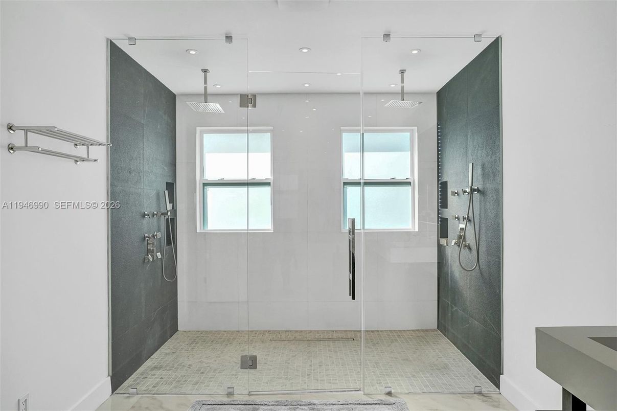 Bathroom, Glass Shower, Interior, Marble, Recessed Lighting