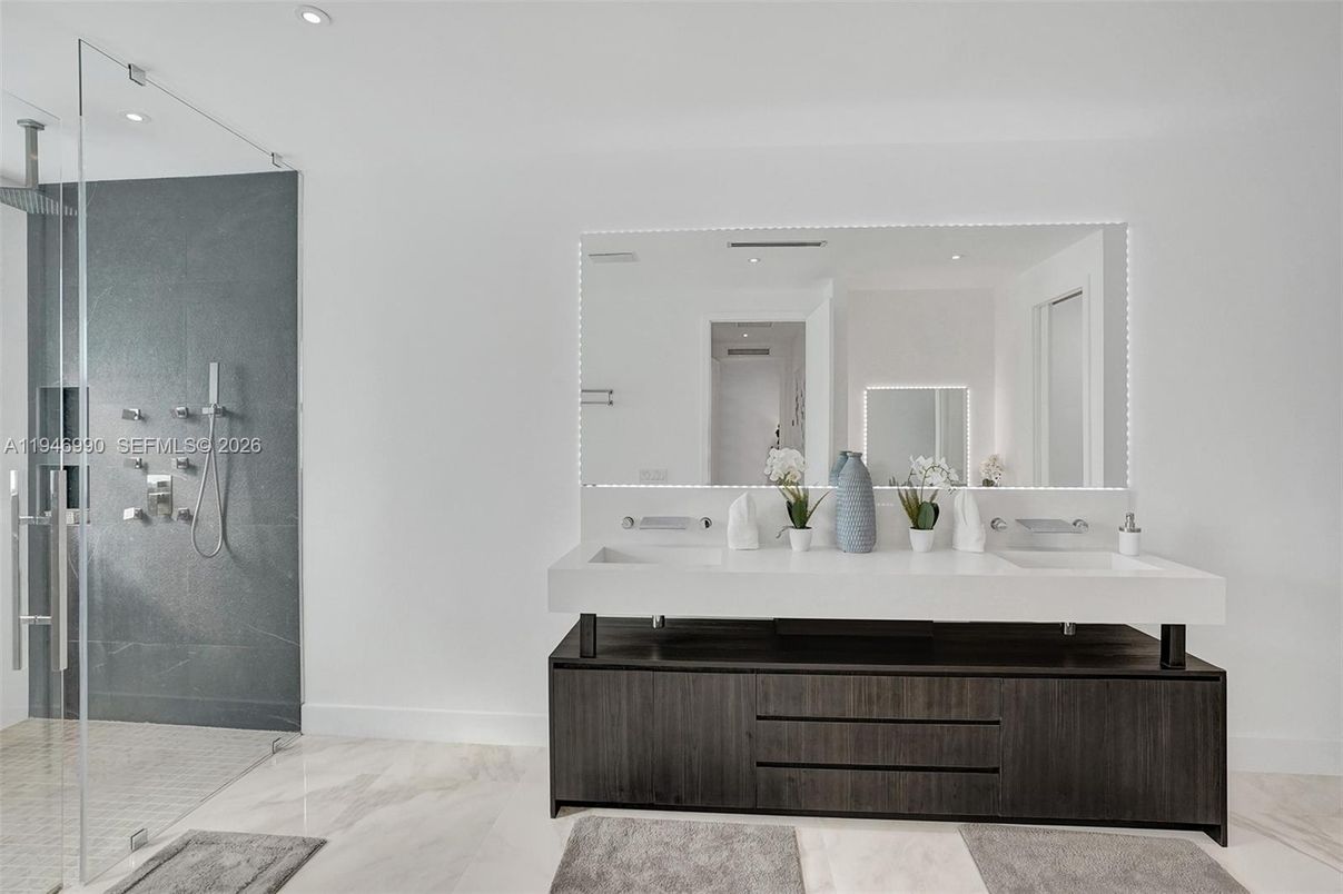 Bathroom, Dual Sink Vanities, Glass Shower, Interior, Marble, Recessed Lighting