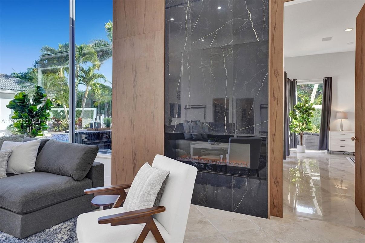 Fireplace, Interior, Living room, Marble Walls, Recessed Lighting