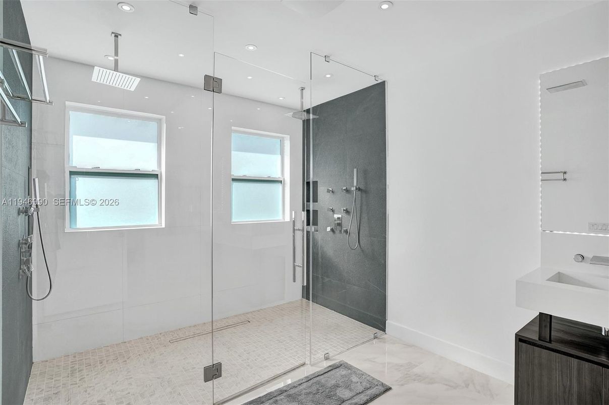 Bathroom, Glass Shower, Interior, Marble, Recessed Lighting