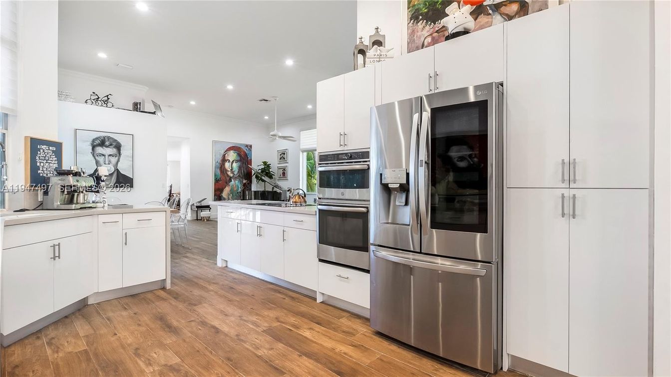 Interior, Kitchen, Recessed Lighting, Stainless Steel Appliances, Wood Texture Flooring