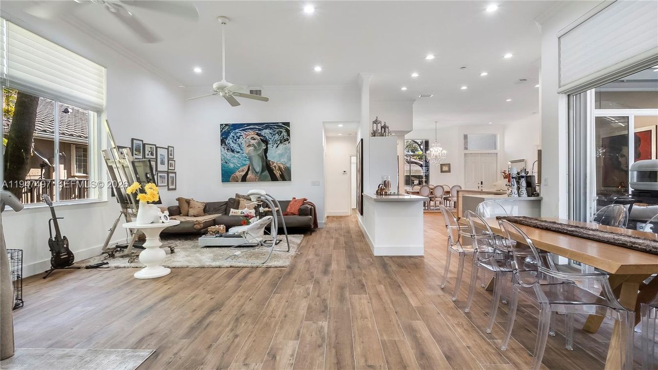 Dining room, Interior, Living room, Pendant Lights, Recessed Lighting, Wood Texture Flooring