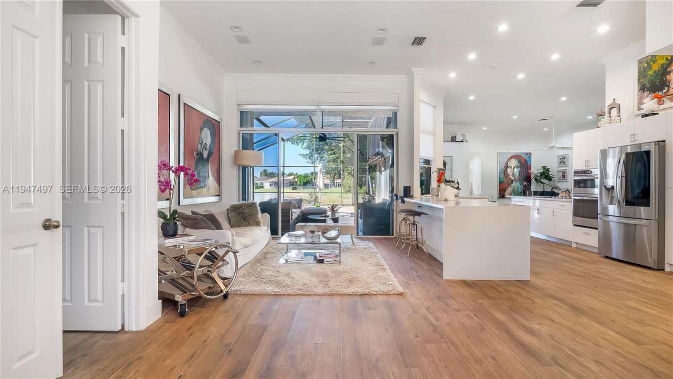 Interior, Kitchen, Living room, Recessed Lighting, Stainless Steel Appliances, Wood Texture Flooring