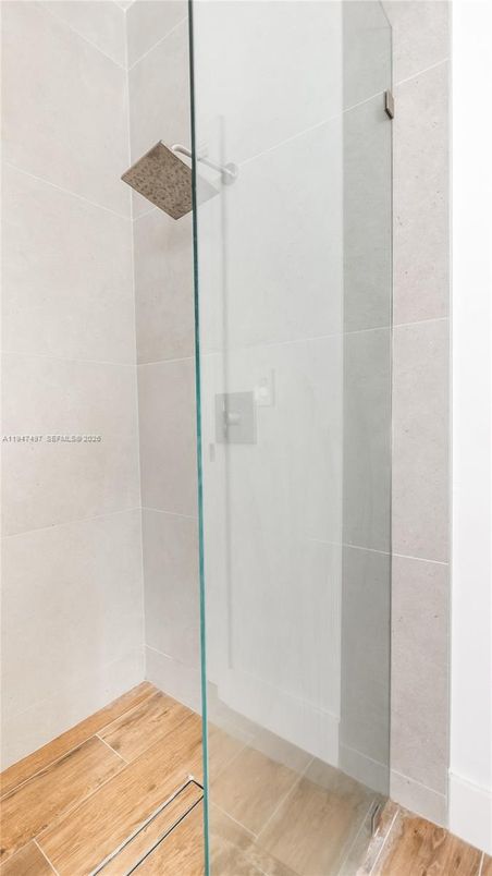 Bathroom, Glass Shower, Interior, Wood Texture Flooring