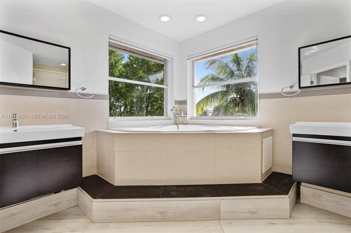 Bathroom, Dual Sink Vanities, Interior, Recessed Lighting, Wood Texture Flooring