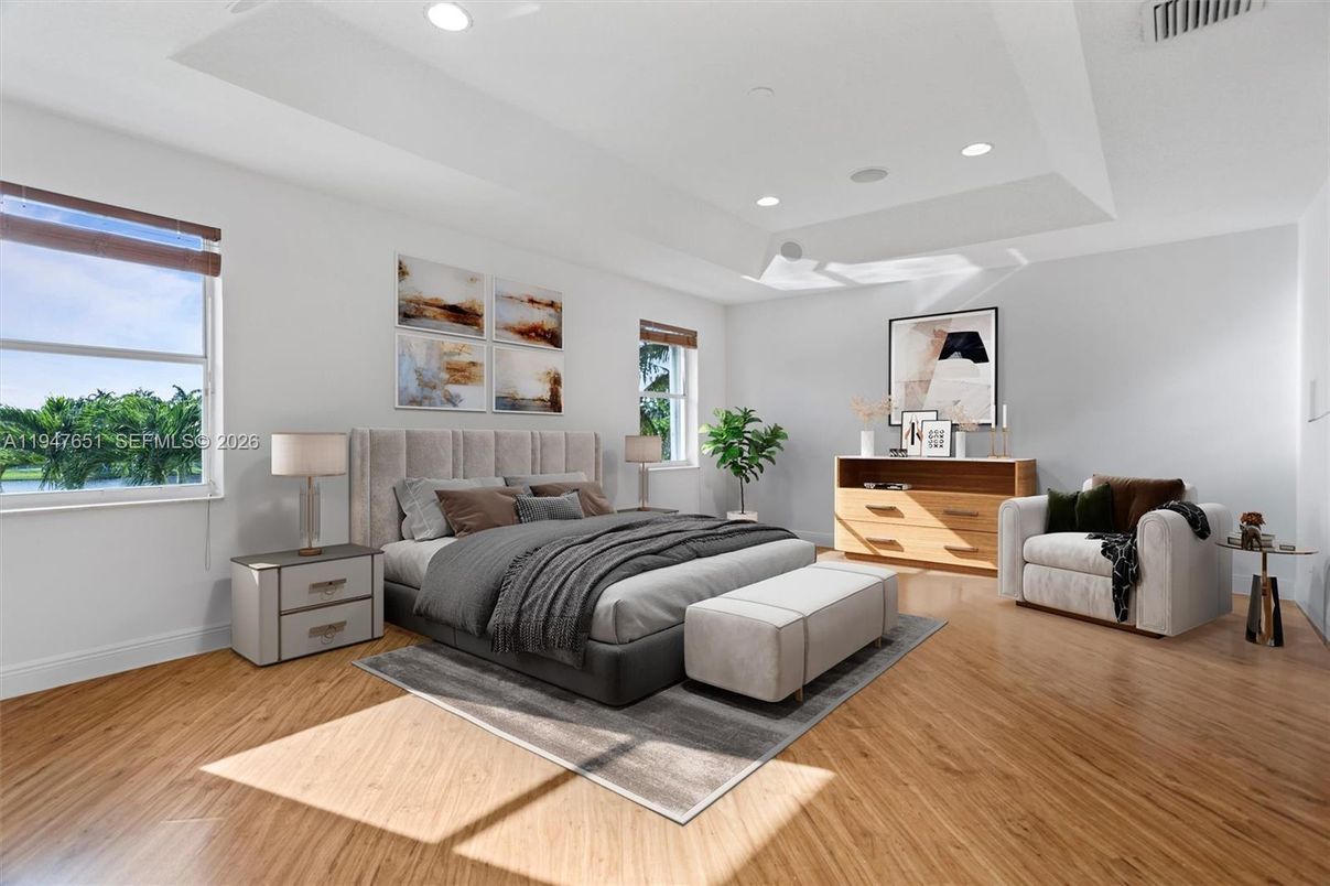 Bedroom, Interior, Recessed Lighting, Wood Texture Flooring