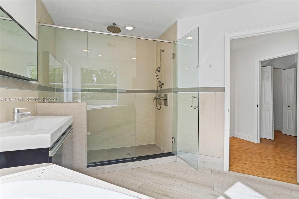 Bathroom, Glass Shower, Interior, Recessed Lighting, Wood Texture Flooring