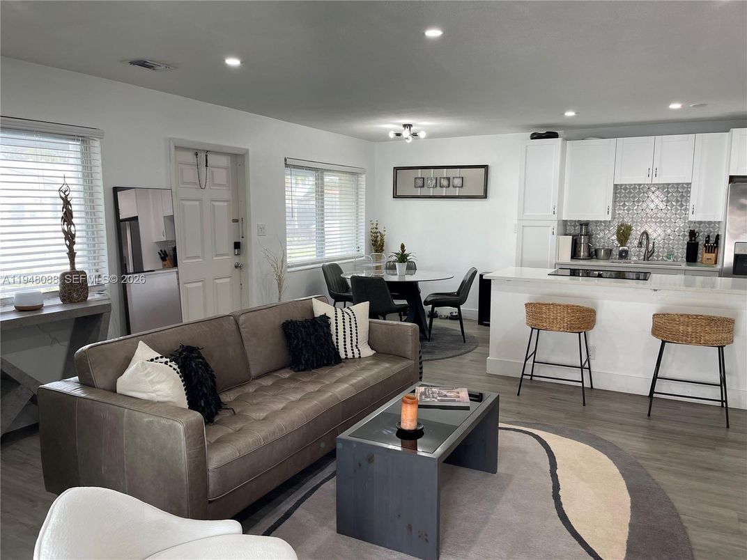 Dining room, Interior, Kitchen, Living room, Recessed Lighting, Stainless Steel Appliances, Wood Texture Flooring