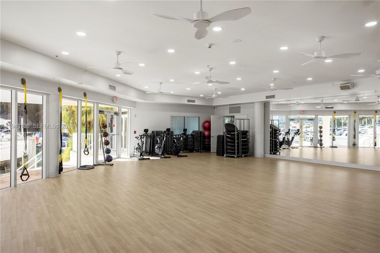 Fitness Equipment, Gym, Interior, Recessed Lighting, Wood Texture Flooring