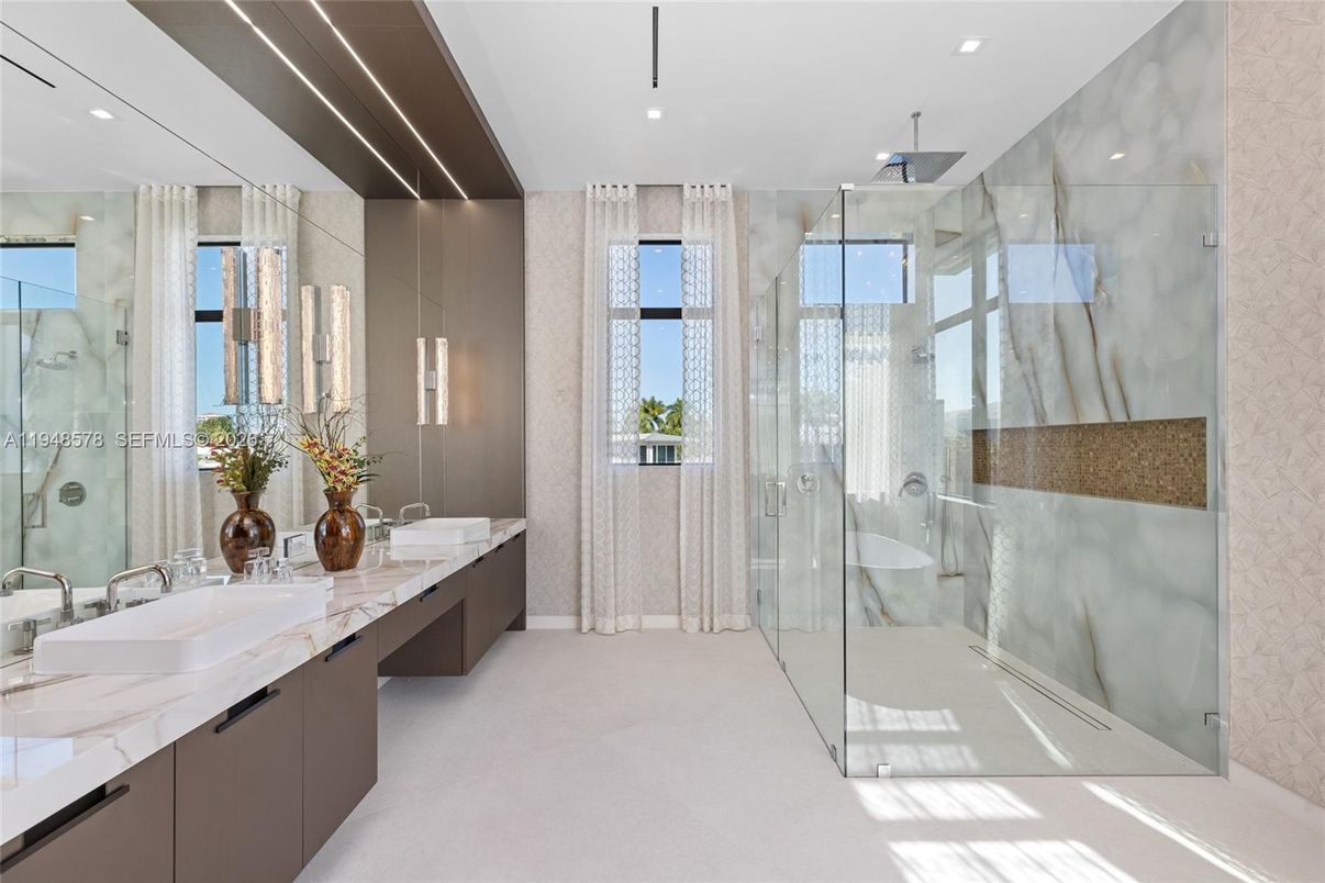 Bathroom, Dual Sink Vanities, Glass Shower, Interior, Recessed Lighting
