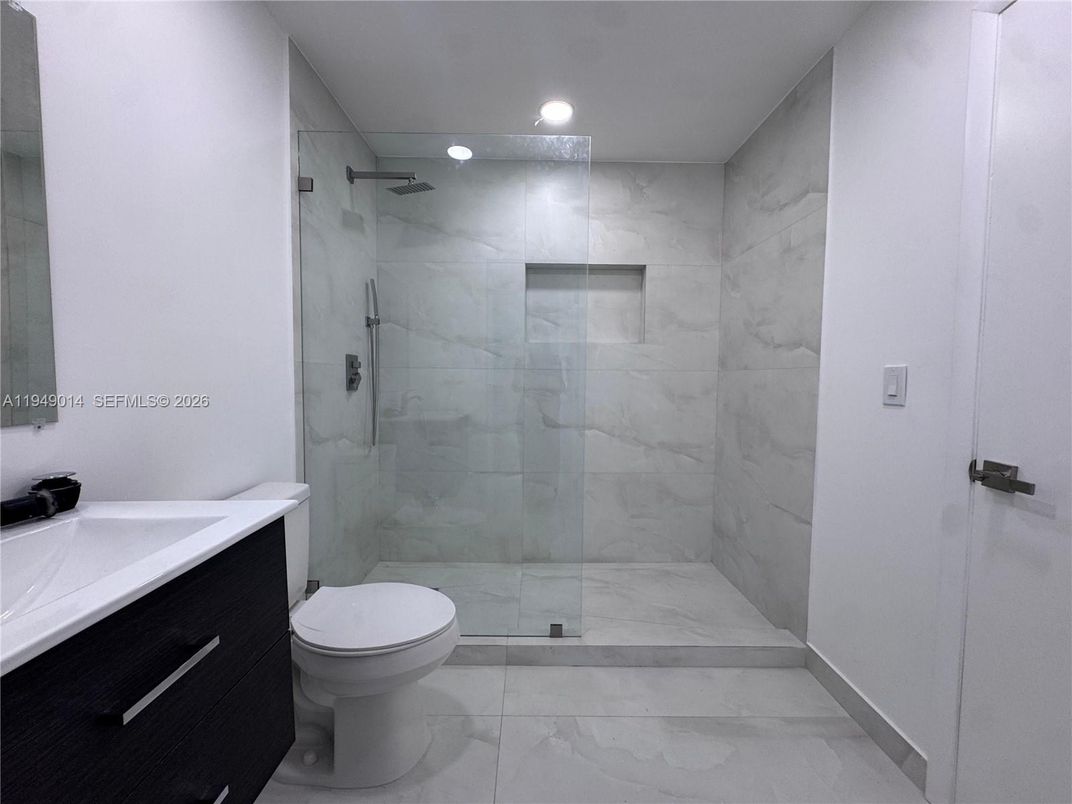 Bathroom, Glass Shower, Interior, Marble Walls, Recessed Lighting