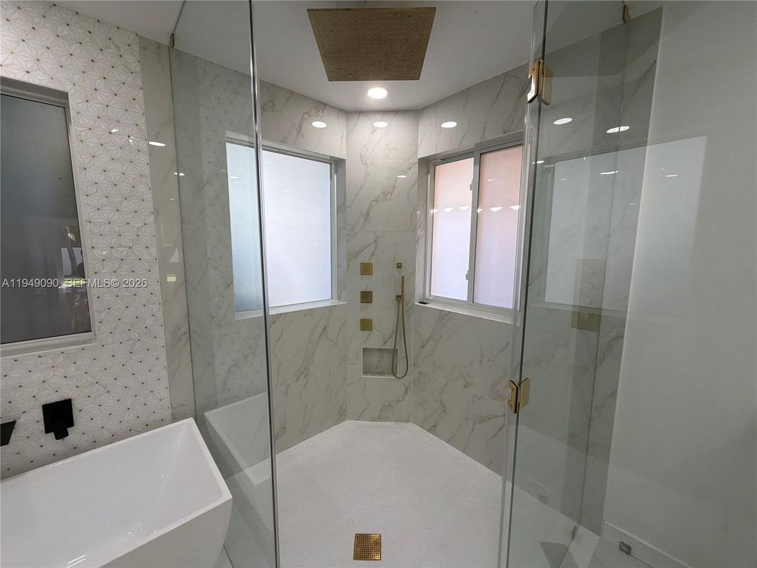 Bathroom, Glass Shower, Interior, Marble Walls, Recessed Lighting