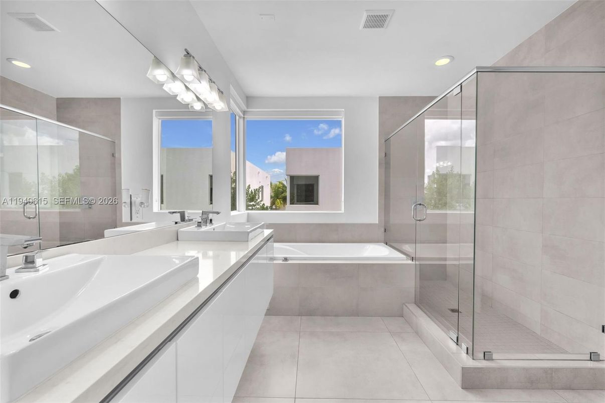 Bathroom, Dual Sink Vanities, Glass Shower, Interior, Recessed Lighting