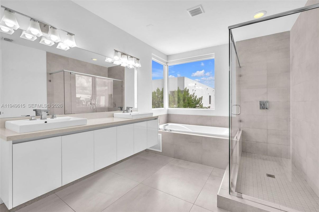 Bathroom, Dual Sink Vanities, Glass Shower, Interior, Recessed Lighting