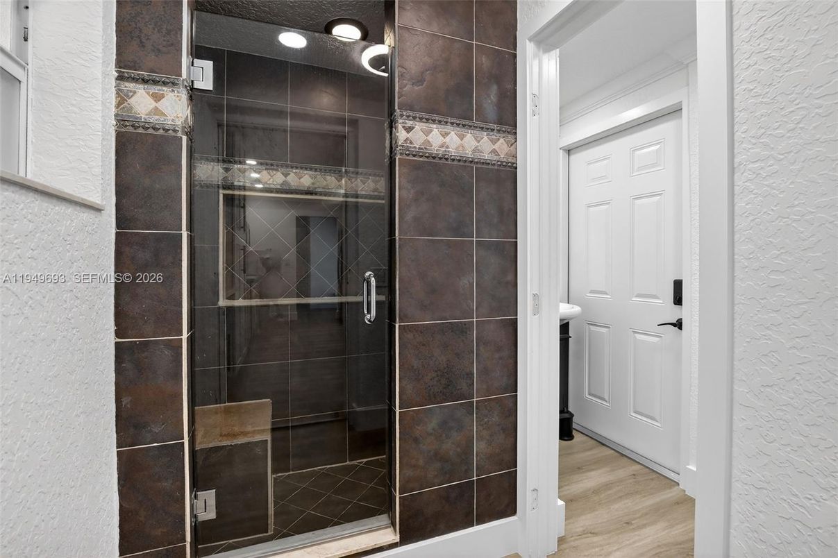 Bathroom, Glass Shower, Interior, Wood Texture Flooring