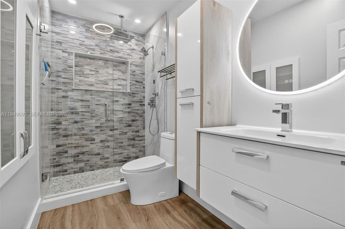 Bathroom, Glass Shower, Interior, Recessed Lighting, Wood Texture Flooring