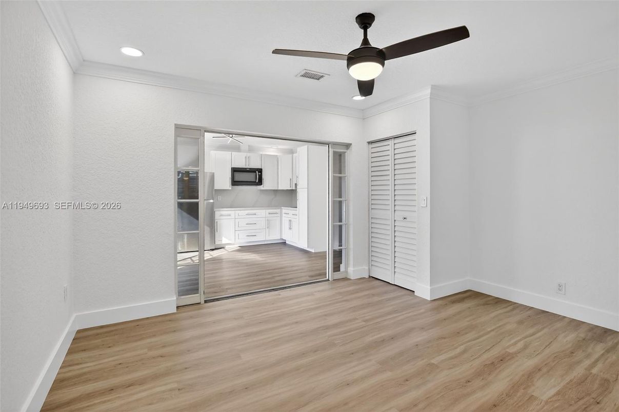 Empty room, Interior, Kitchen, Recessed Lighting, Wood Texture Flooring
