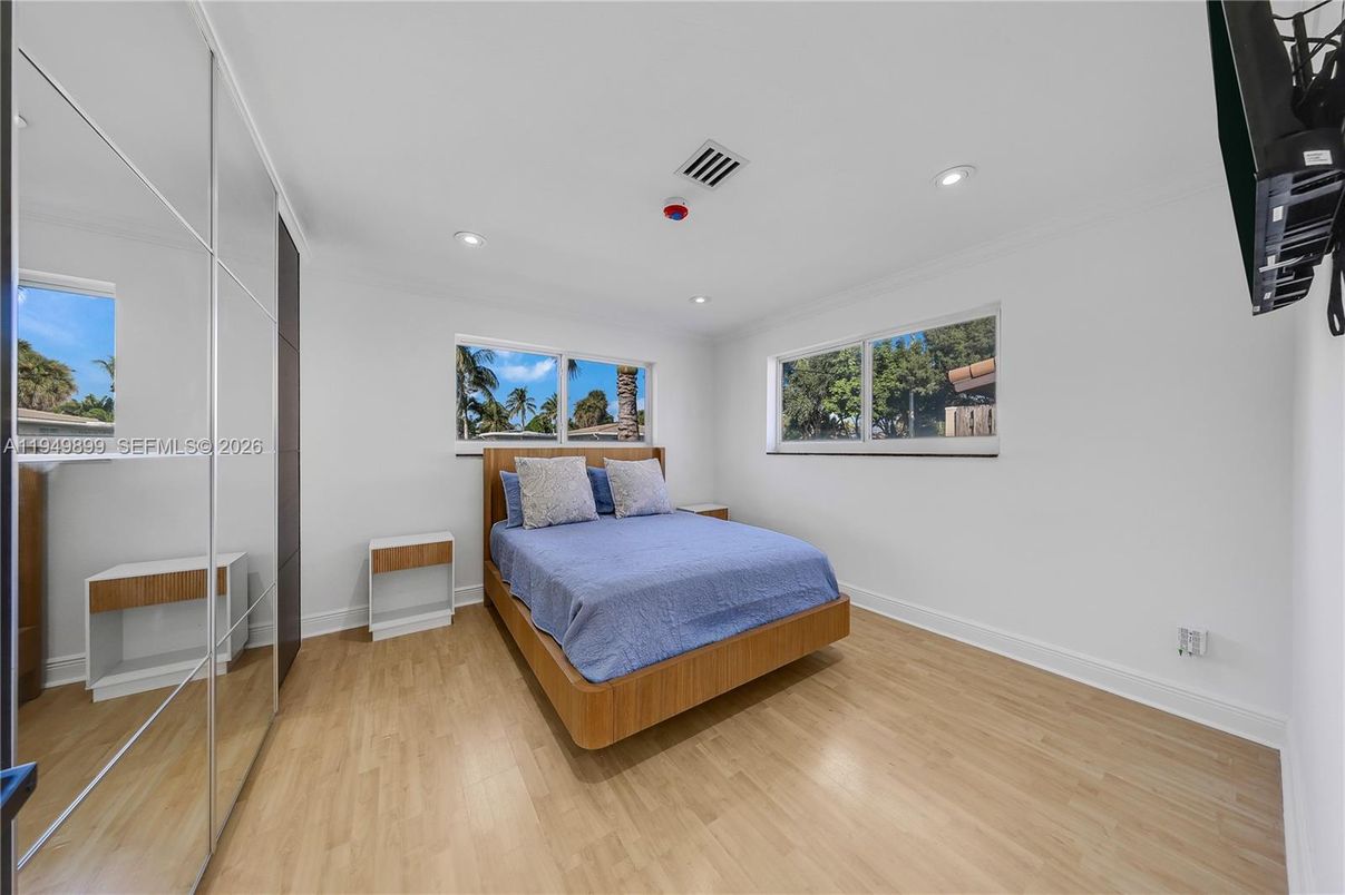 Bedroom, Interior, Recessed Lighting, Wood Texture Flooring