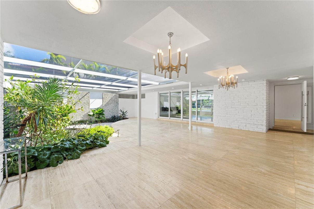 Chandelier, Empty room, Interior, Pendant Lights, Recessed Lighting, Stone Walls, Wood Texture Flooring