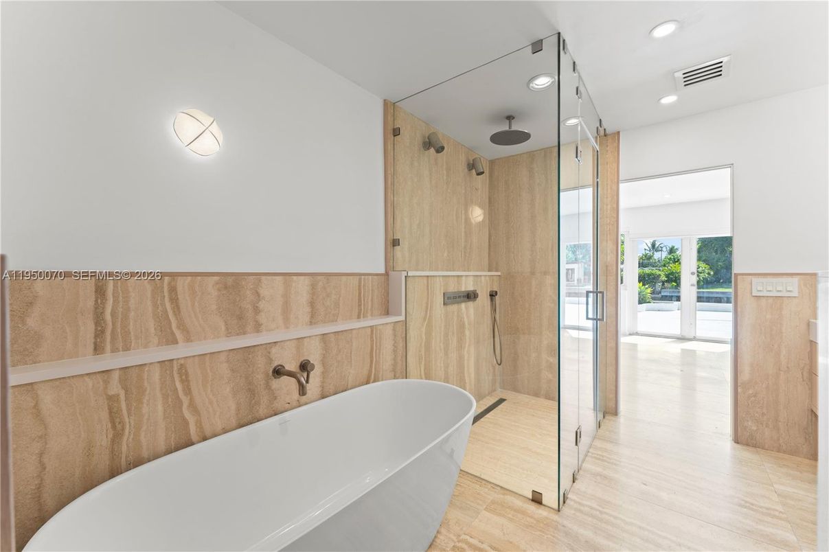 Bathroom, Free Standing Baths, Glass Shower, Interior, Recessed Lighting