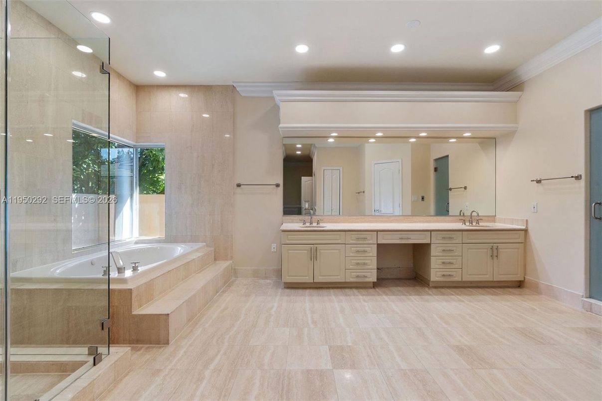 Bathroom, Dual Sink Vanities, Glass Shower, Interior, Recessed Lighting