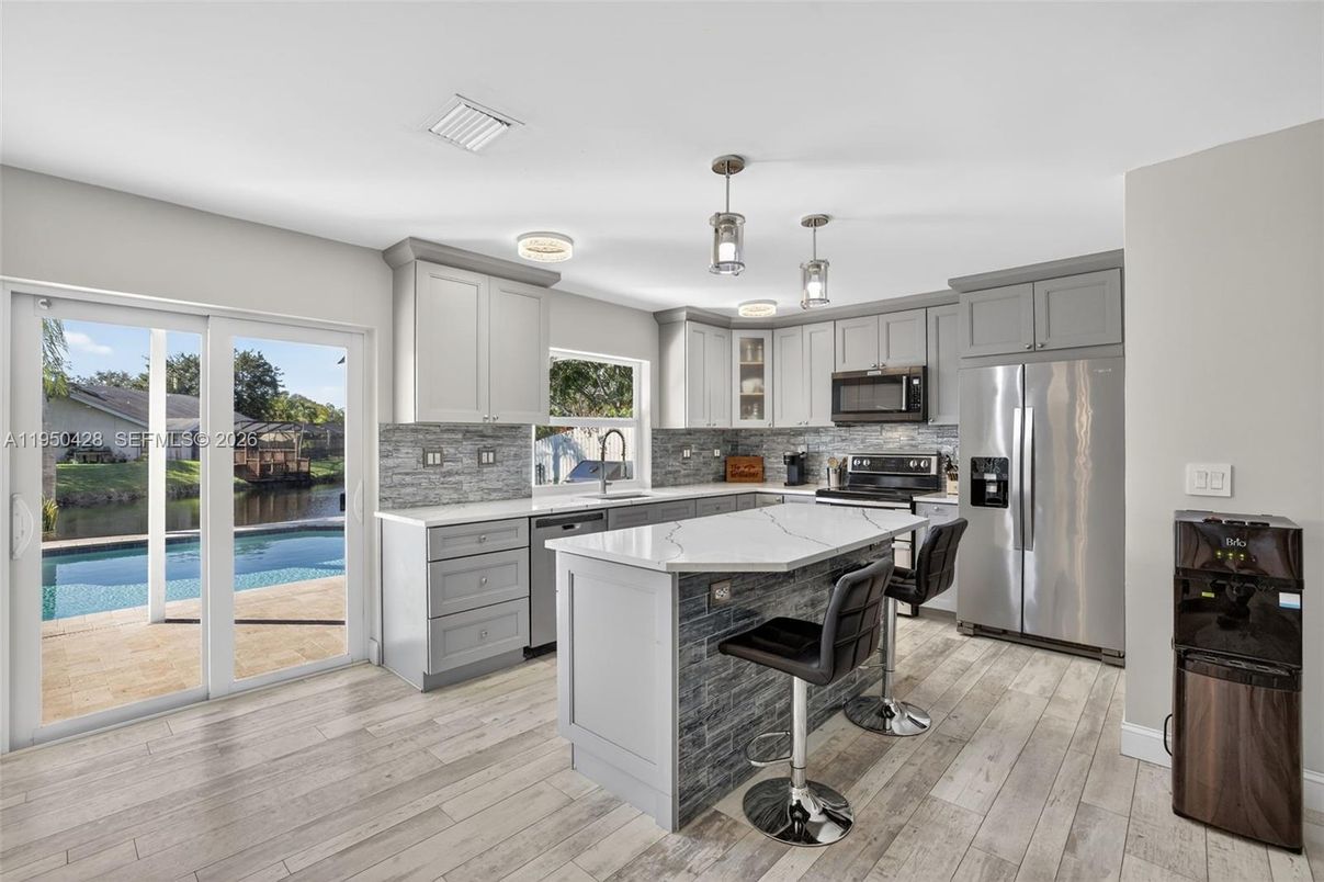 Interior, Kitchen, Pendant Lights, Stainless Steel Appliances, Wood Texture Flooring