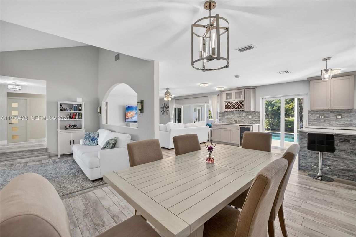 Dining room, Interior, Kitchen, Living room, Pendant Lights, Wood Texture Flooring