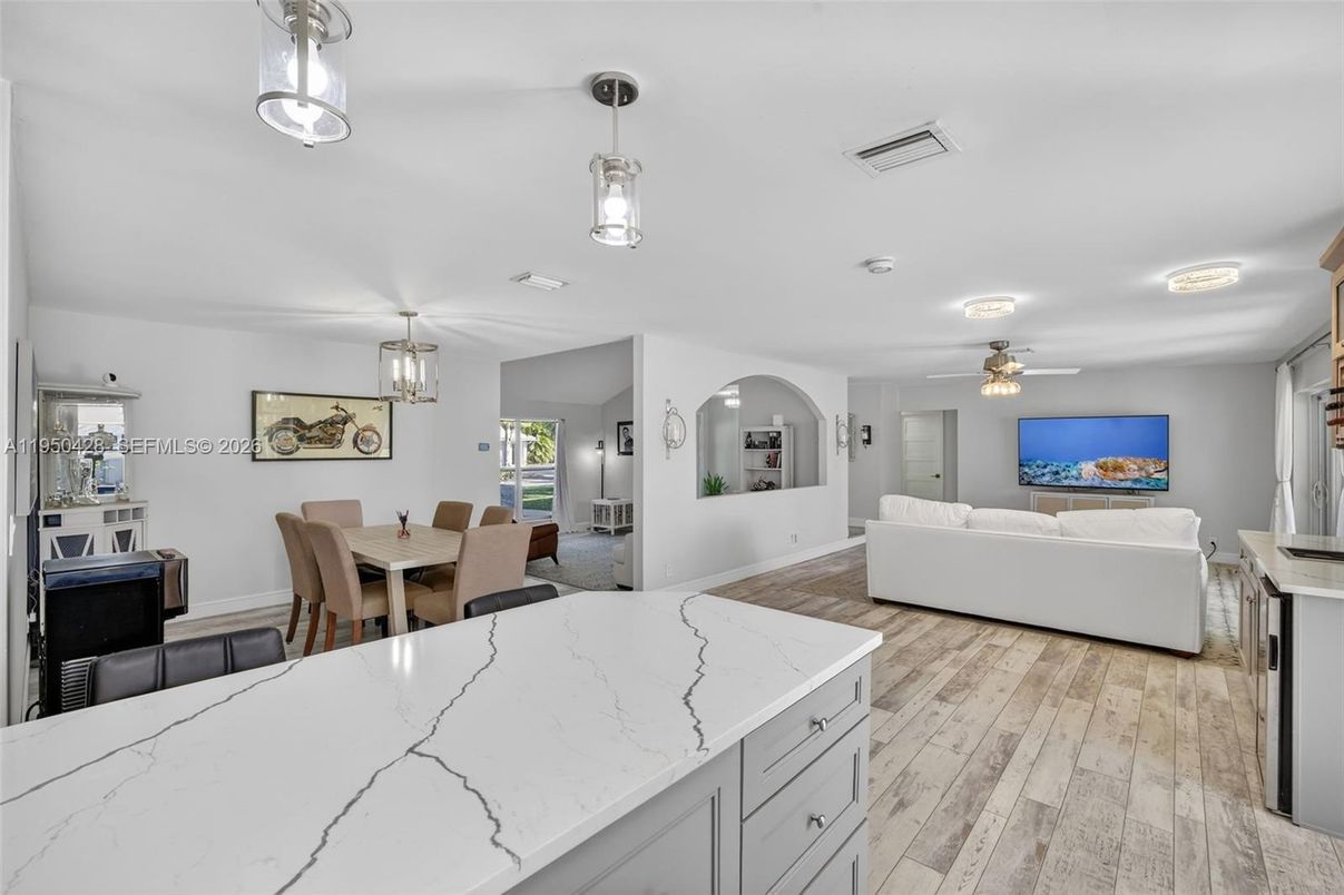 Dining room, Interior, Living room, Pendant Lights, Wood Texture Flooring