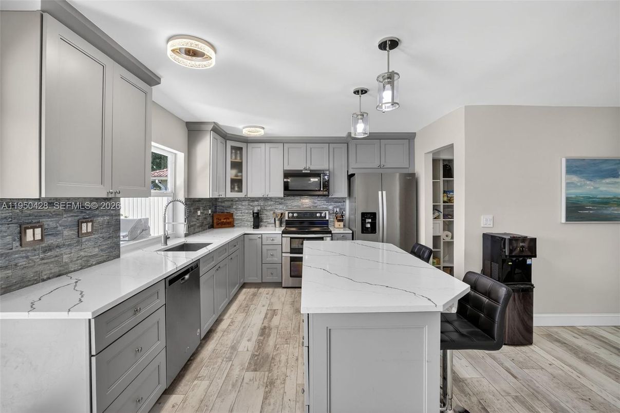 Interior, Kitchen, Pendant Lights, Stainless Steel Appliances, Wood Texture Flooring