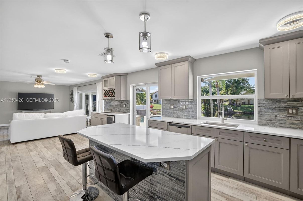 Interior, Kitchen, Living room, Pendant Lights, Wood Texture Flooring