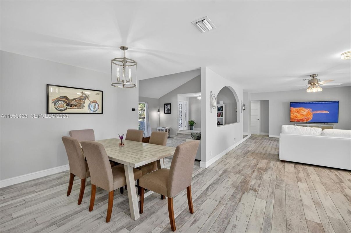 Dining room, Interior, Living room, Pendant Lights, Wood Texture Flooring