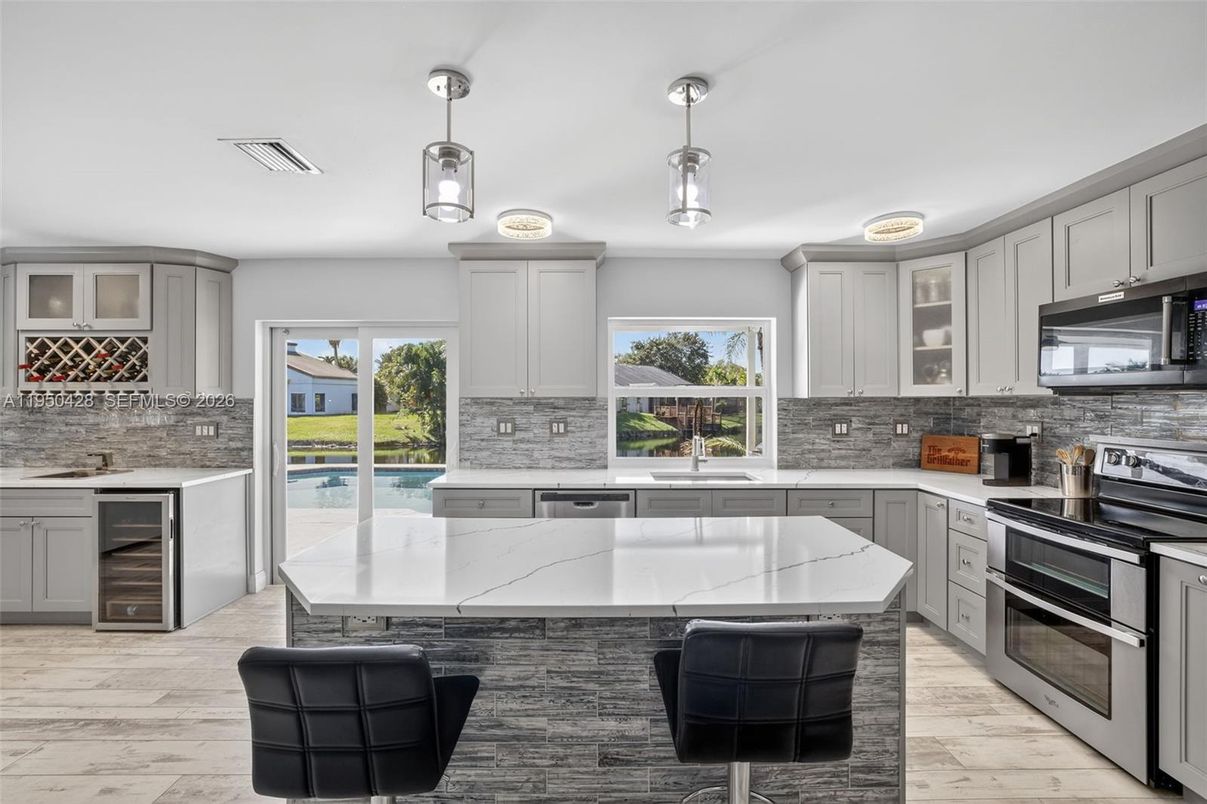 Interior, Kitchen, Pendant Lights, Stainless Steel Appliances, Wood Texture Flooring
