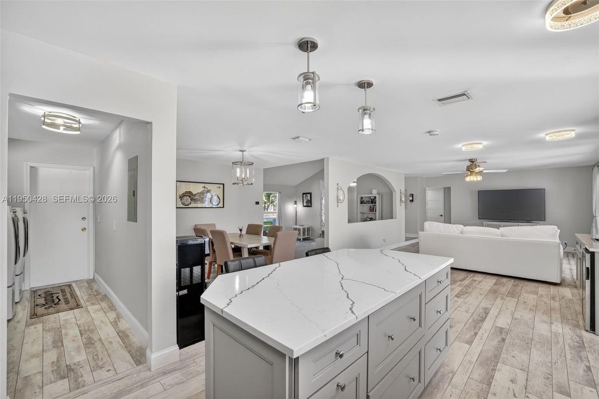 Dining room, Interior, Living room, Pendant Lights, Wood Texture Flooring