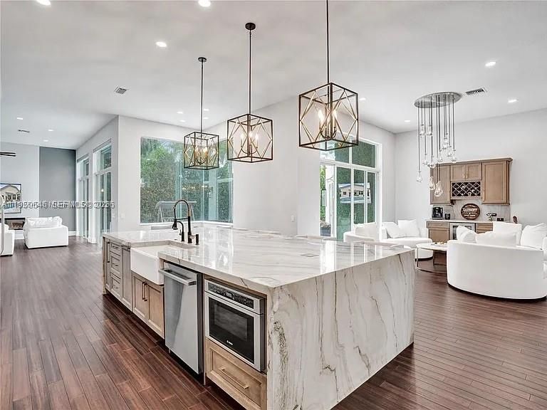 Interior, Kitchen, Living room, Pendant Lights, Recessed Lighting, Stainless Steel Appliances, Wood Texture Flooring