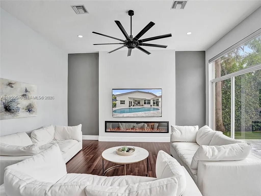 Fireplace, Interior, Living room, Recessed Lighting, Wood Texture Flooring