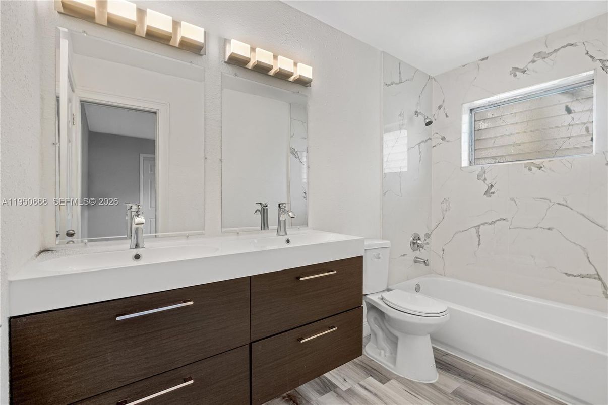 Bathroom, Interior, Marble Walls, Wood Texture Flooring