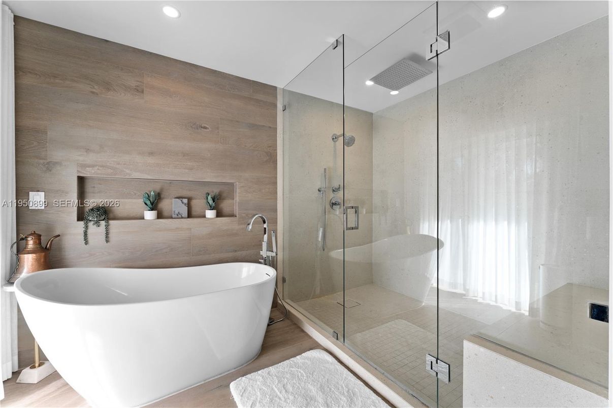 Bathroom, Free Standing Baths, Glass Shower, Interior, Recessed Lighting, Wooden Walls