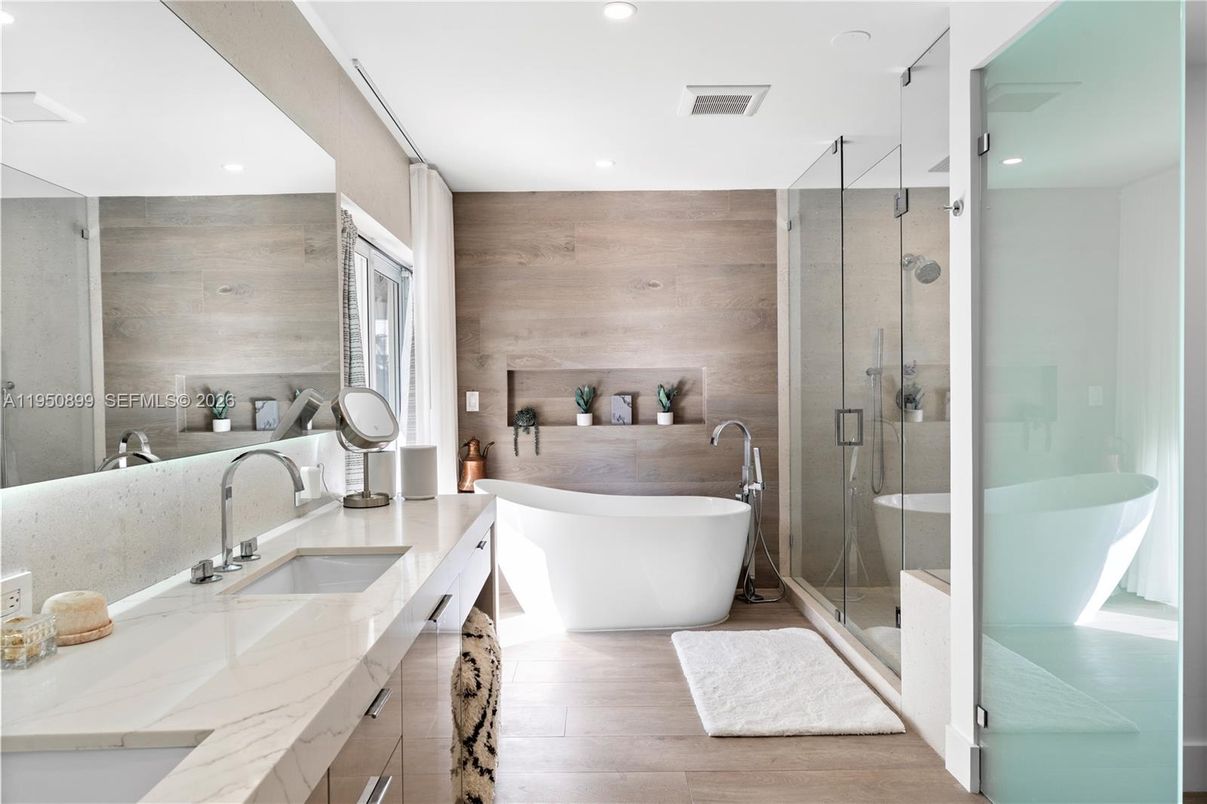 Bathroom, Dual Sink Vanities, Free Standing Baths, Glass Shower, Interior, Recessed Lighting, Wood Texture Flooring, Wooden Walls