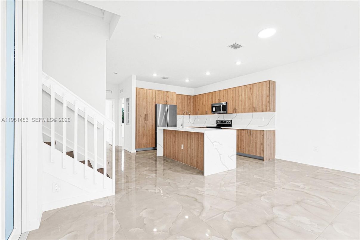 Interior, Kitchen, Marble, Recessed Lighting, Stainless Steel Appliances